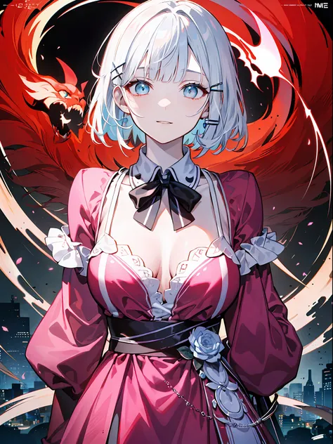 detectivesiesta, Smile, Short hair, Bangs, Blue eyes, Shirt, Hair Ornament, Long sleeves, Dress, Bow, White hair, hair clips, Blunt bangs, bowtie, Red bow, X Hair Ornament, red bowtie, siesta, (medium breasts⁩:1.2), BREAK looking at viewer, BREAK outside, ...
