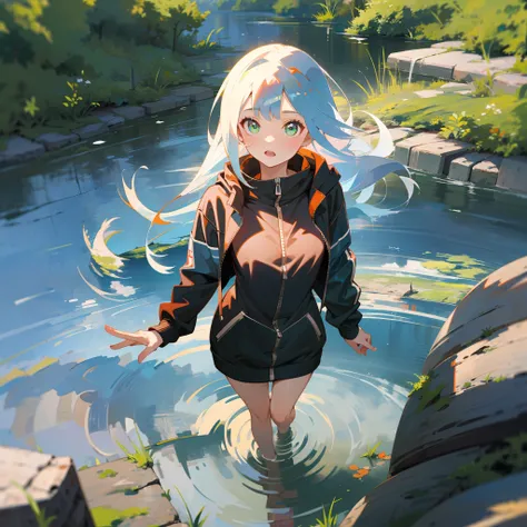 MKSKS style, (Very detailed background:1.0), (highly detailed back ground:1.0), 1girll, full_Body, , Hoodie, partly_unzipped, Masterpiece, Best quality, (1girll, Solo, Girl:1.2), Lake, Grass, walking on the water, Jumps, Stone ruins, color difference, Dept...