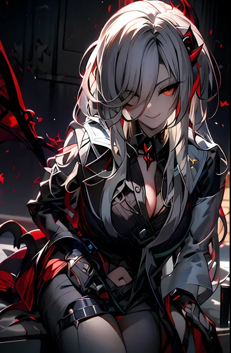 Anime loli sitting on bed with red eyes and long white hair,Smile,demon anime girl, Beautiful sexy succubus, Extremely detailed Artgerm, white-haired god,trending on artstation pixiv, A succubus in tight underwear, Erect ,beautiful elegant demon queen, dar...