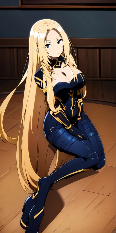 masterpiece, best quality, 1 girl, blonde, blue eyes, black bodysuit, boots, cleavage, very long hair, breasts, sitting on sofa
