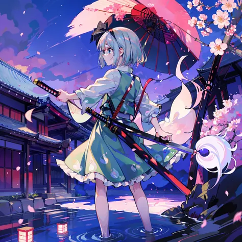 Illustration of Youmu Konpaku holding a Japanese sword, masterpiece, fine detail, 4k, 8k, 12k, solo, one person, beautiful girl, Caucasian female, Youmu Konpaku, Youmu Konpaku from behind, standing on water, cherry blossom petals on the ground, hell , lant...