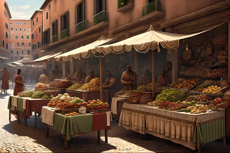 fantrome, the city of rome, roman city, street vendors, realistic, intricate, highly detailed