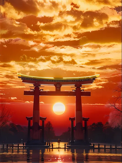 imagen de arafed de una puerta tori tori en la puesta de sol, puerta torii centrada, torii, por torii kiyomoto, puerta torii, in...