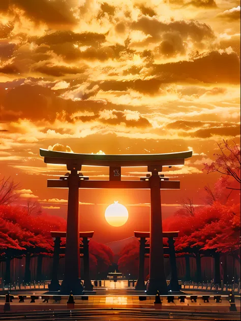 imagen de arafed de una puerta tori tori en la puesta de sol, puerta torii centrada, torii, por torii kiyomoto, puerta torii, in...