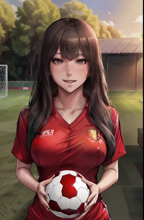 girl, sexy,soccer player,red football shirt,long hair,