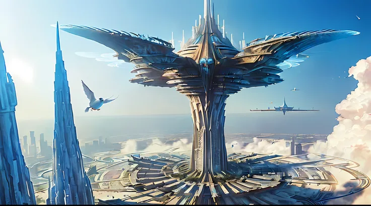 birds eyes view,(sky cities),Giant towers and ring-shaped stacked buildings at the top of the city,There are many arches and bridges,and the sci-fi crystal cathedral with flying buttresses,waterfallr,Many ships,Matte painting by James Gurney,Trends on CGSo...