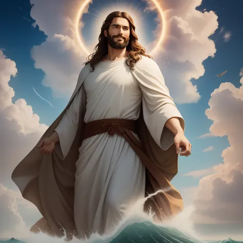 a handsome god jesus christ ( jesus) blessing to the sky  35 years old with a long brown hair and long beard, healing woman, hea...