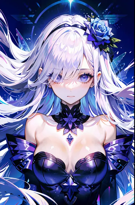 silber hair,butterflys,long whitr hair,8k wallpaper,detailedbackground,Highest high resolution,deep v big breasts,Hair covers one eye,Bandeau,Church background,Purple roses,tight-fitting,themoon,