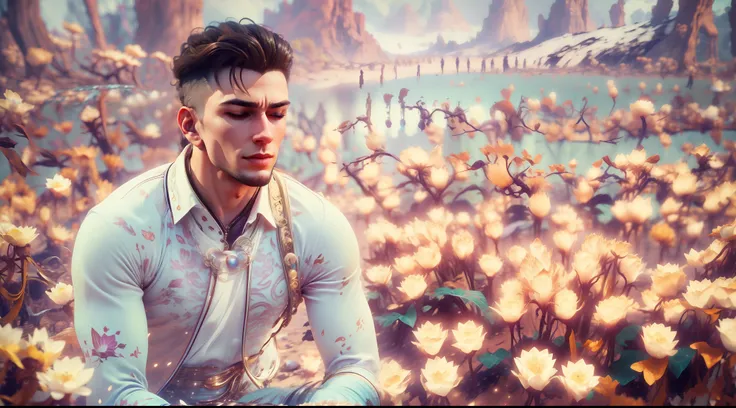 Handsome guy in a white shirt,Sit and meditate in a lotus pose,Look at the audience with your eyes closed,raised head,Floating on the ground,cheerfulness,A slight smil,realisticlying,Bokeh,light particules,very highly detailed background,detailed face with...