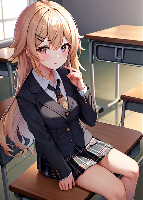 best quality, ((masterpiece)),extremely details, ultra high res, illustration,1girl,lumine (genshin impact),skirt, jacket, plaid_skirt, plaid, desk, blazer, solo, book, classroom, school_desk, hair_ornament, indoors, school_uniform,looking_at_viewer, pleat...