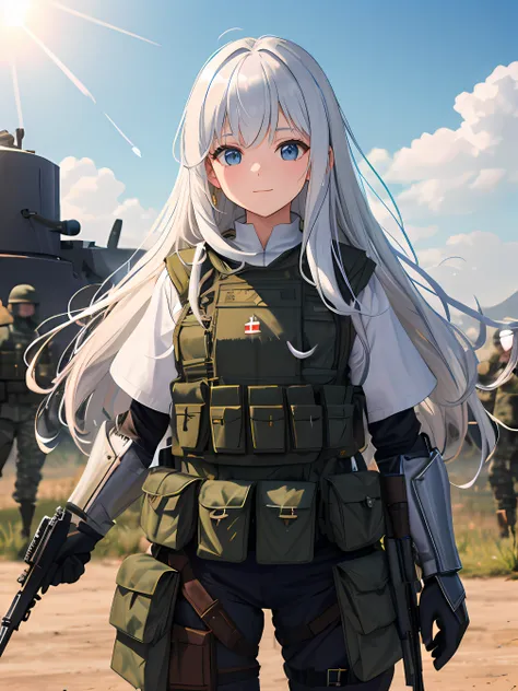 elaina, (masterpiece:1.6, best quality), hdr, 1girl,solo,shiny skin, white hair, shiny hair, long hair, ballistic helmet, use he...