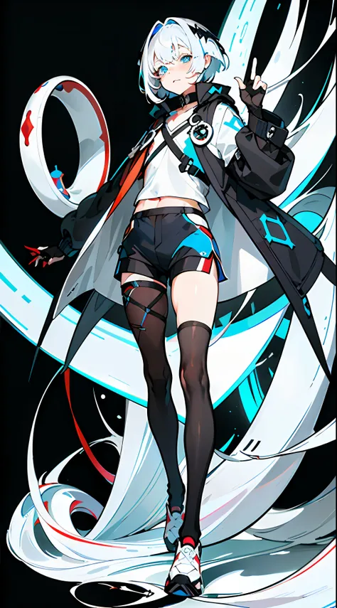 Masterpiece, Best quality, Solo,Boy, Pantyhose, White hair,Short hair, (Red and blue heterochromatic pupae:1.5),(White shirt:1.4),(Black shorts:1.5), blackfootwear, full bodyesbian, Black pantyhose, shirt, Shorts, Coat, Open coat, view the viewer, Hood, Sn...