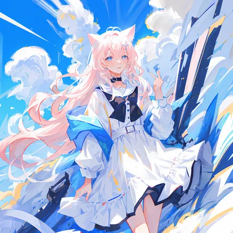 one-girl, white color hair, cat ear, pink eyes, long whitr hair, blue open sky, a hint of cloud