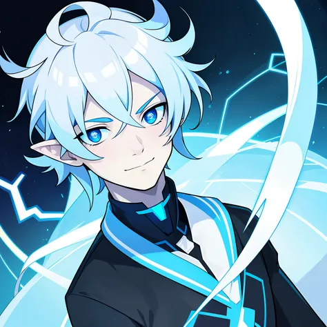 Solo male with soft features looking to the left at a downward angle with a small smile, his skin is pale white and smooth, he has blue glowing eyes with a star shaped pupils, his hair is blue, straight, and medium length with electrical arcs jumping throu...