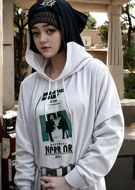 Dakota Fanning: Kathryn Newton: 0.85 ,chubby, perfect face, persian hijab, assasin, oasis background, 1girl