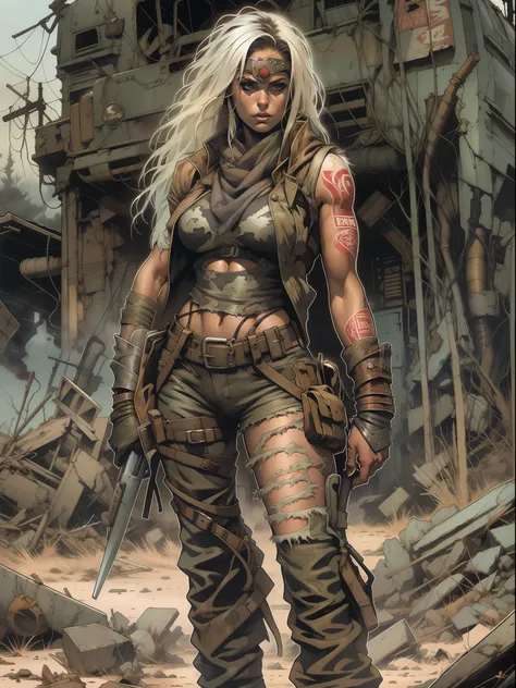 a post-apocalyptic warrior, uma mulher de 35 anos quase nua no estilo simon bisley para a capa da revista heavy metal, cabelo me...