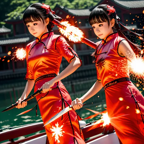 teens girl，on cheongsam，flame light particle effect knife，natta，boatside