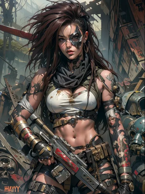 a post-apocalyptic warrior, uma mulher de 35 anos quase nua no estilo simon bisley para a capa da revista heavy metal, cabelo me...