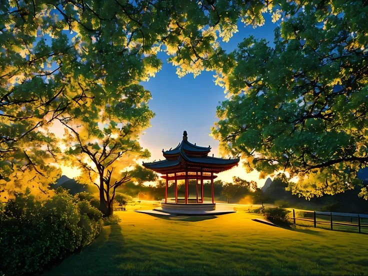 Trees and bushes in the park,In the background is a gazebo, golden hour in beijing, Urban parks, Chinese style buildings, mountain water, Hangzhou, In the evening, wide wide shot, wide - shot, A mystical environment, At sunrise, beijing, dreamland of chine...
