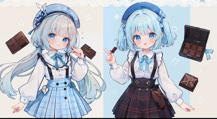 lightblue hair、medium hair、brown beret、plaid suspender skirt、chocolate mint、light blue  eyes、light blue shirt、brown ribbon、cute ...