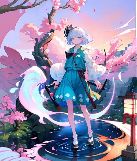 Illustration of Youmu Konpaku holding a Japanese sword, masterpiece, fine detail, 4k, 8k, 12k, solo, one person, beautiful girl, Caucasian female, Youmu Konpaku, Youmu Konpaku from behind, standing on water, cherry blossom petals on the ground, hell , lant...