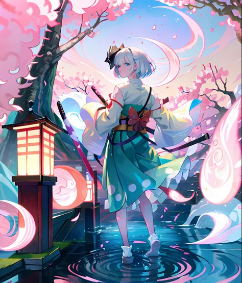Illustration of Youmu Konpaku holding a Japanese sword, masterpiece, fine detail, 4k, 8k, 12k, solo, one person, beautiful girl, Caucasian female, Youmu Konpaku, Youmu Konpaku from behind, standing on water, cherry blossom petals on the ground, hell , lant...