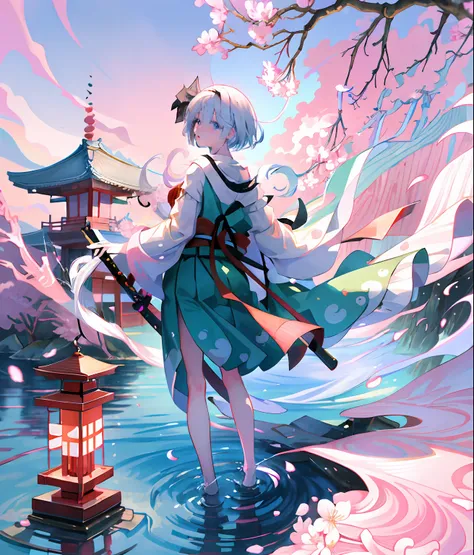 Illustration of Youmu Konpaku holding a Japanese sword, masterpiece, fine detail, 4k, 8k, 12k, solo, one person, beautiful girl, Caucasian female, Youmu Konpaku, Youmu Konpaku from behind, standing on water, cherry blossom petals on the ground, hell , lant...