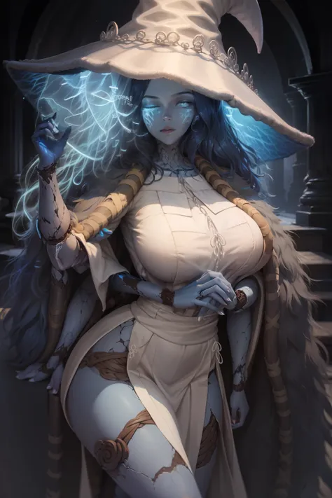 a woman dressed as a witch holding a crystal ball, a digital painting, by Yuumei, alphonse mucha and rossdraws, glowing blue, priestess in a conical hat, cgsociety - w 1 0 2 4 - n 8 - i, seraphine ahri kda, commission for, flower goddess, :: rossdraws, yen...