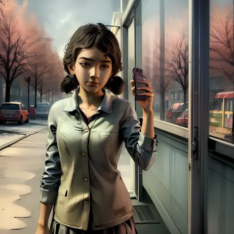 ((masterpiece, best quality)), solo ,1girl, clementine, dark skin, school uniform, long hair, phone in hand, bus stop