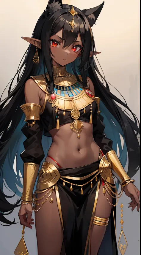 young black girl, black skin, long black hair, elf ears, red-eyes, egyptian princess, golden jewelery, anger, masterpiece, hiqua...