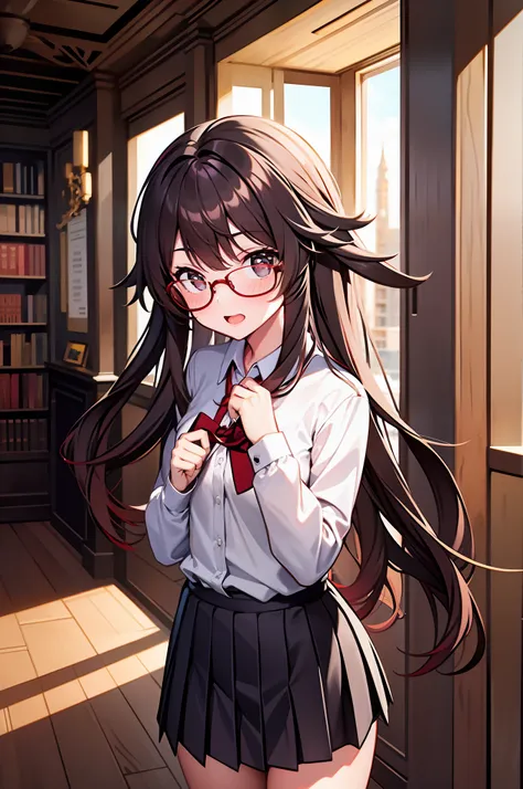 1girl, school uniform, wearing glasses, in a library, hu tao