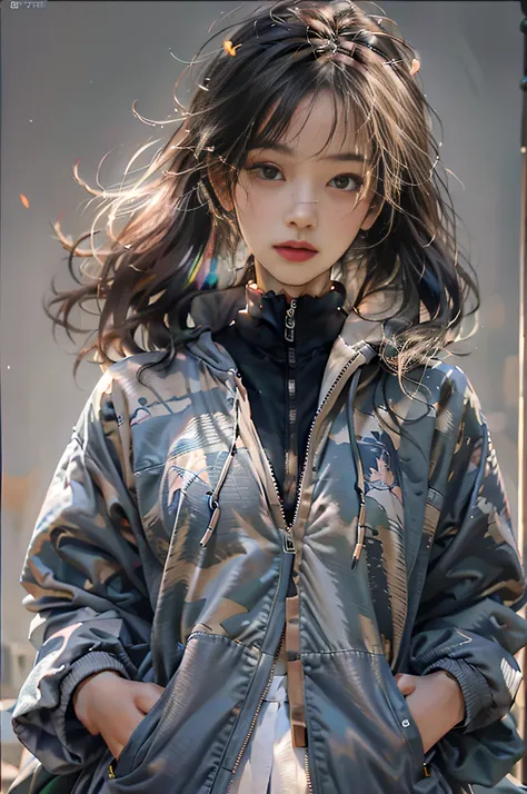 (Hyper-realistic) , (illustratio), (Increase the resolution), (8K), (RAW photos,best qualtiy),(realisticlying,photograph realistic:1.3),best qualtiy,highly detailed,tmasterpiece,Hyper-detailing,one-girl,Stylish sweatshirt, Windbreaker long skirt,Poster on...