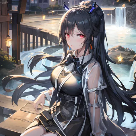 anime girl with long black hair and bow tie standing in front of waterfall, from girls frontline, anime moe art style, fine deta...