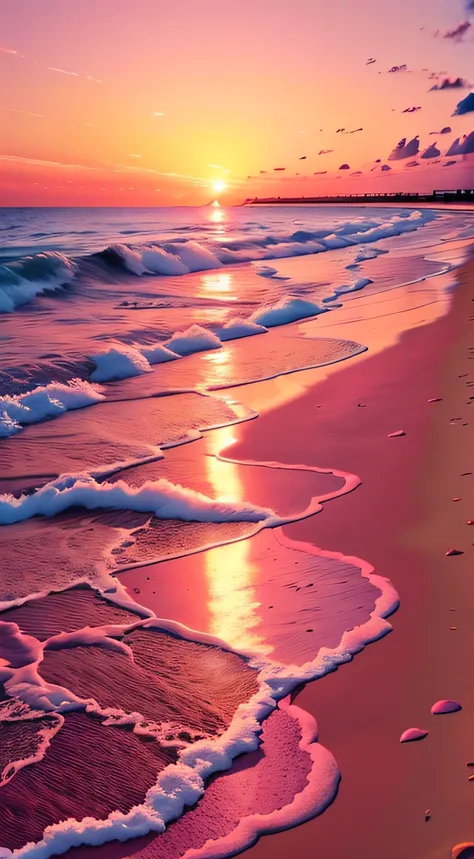 beach close-up，sunsets and bodies of water, stunning skies, which shows a beach at sunset, stunning skies, redpink sunset, color...