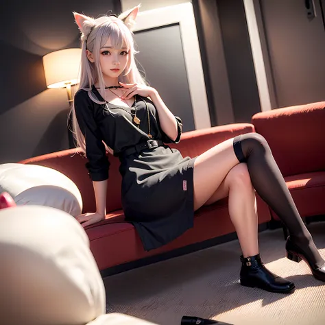 anime girl sitting on sofa，legs crossed, cat girl, guweiz on artstation pixiv, beautiful anime catgirl, white-haired fox, cat ea...