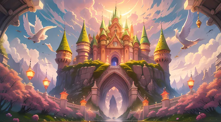 n illustration of Asgard, the floating castle in Norse mythology. Asgard is a giant castle floating in the sea of clouds. The castle is golden and has beautiful flowers in the windows. There are many birds flying around the castle, the air is clear and you...