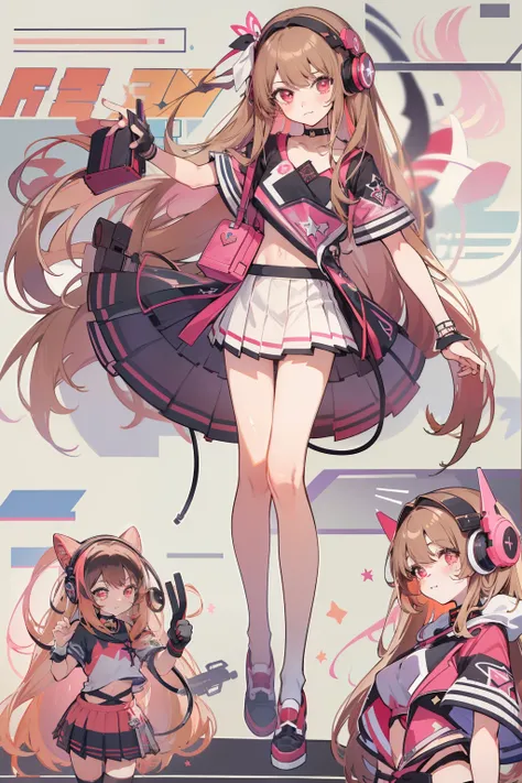 ((Masterpiece, highest quality)), vtuber-fullbody, full body, detailed face, full of details, highly detailed, depth, 1girl, girl in a skirt and headphones, :3, long hair, bangs, multicolored hair, two-tone hair, gradient hair, [[brown hair]], brown hair w...