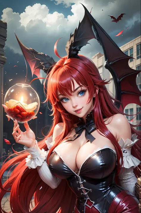 masterpiece, best quality, highres, best quality, highres, rias gremory, 1girl, long hair, red hair, ahoge, blue eyes, large breasts, very long hair, breasts, huge ahoge, strong pose, smile, peoples around, dracula theme
