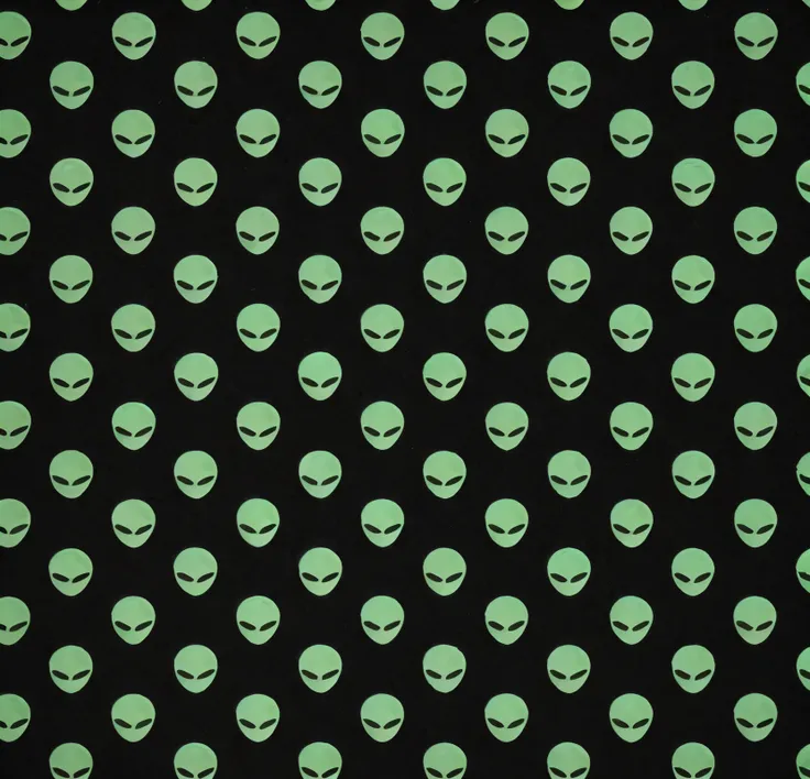Close up of black background with green alien head, alien fabric, aliens in the background, Alien faces, alien design, sci fi patterns, Glowing alien symbol, Shaped skin, ufo aliens, alien skull, populated with aliens and people, Alien invasion. 2 4 mm, Al...