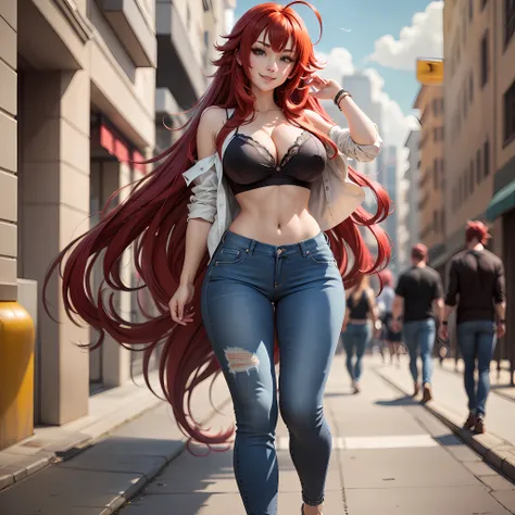masterpiece, best quality, highres, best quality, highres, rias gremory, 1girl, long hair, red hair, ahoge, blue eyes, large breasts, very long hair, breasts, huge ahoge, strong pose, smile,tight jeans, white bra, walking in streets, modern fashion,