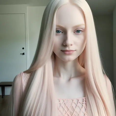 blond woman in pink dress with long hair standing in a room, full body, with pale skin, pale skin curly blond hair, albino white...