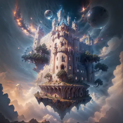 (A castle suspended in the air:1.5),levitating,(Skysky、borgar、fanciful、starrysky、suns、themoon、galactic),Amazing plant growth,extremy detailed,realistic raytraicing,Epic composition,(complexdetails),(Complex design,hyper-detailing:1.2),art stations,(tmaste...
