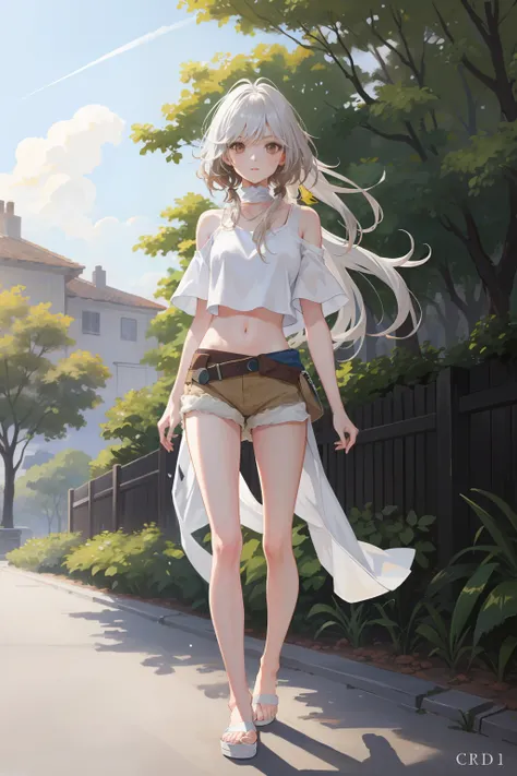 1 girl, Outdoors, Short white top, white panties, brown hair, long whitr hair, slippers, Slim, long leges, Silver hair, Long hair, En plein air, Chiaroscuro, hyper HD, ccurate, High details, Best quality