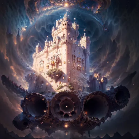 (a castle suspended in the air:1.5)，levitating，（skysky、borgar、fanciful、starrysky、suns、themoon、galactic），amazing plant growth，ext...