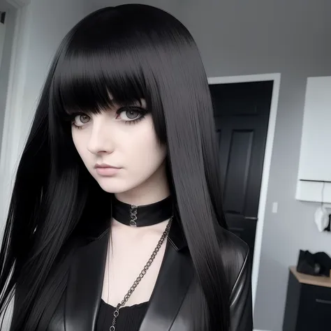 a person with a creepy look on their face, she has black hair with bangs, full body, 1 7 - year - old goth girl, goth girl aesth...