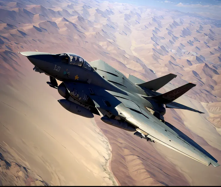 (masterpiece, best quality:1.2), ultra-detailed, f14 jet, view from top over desert (realistic:1.5),