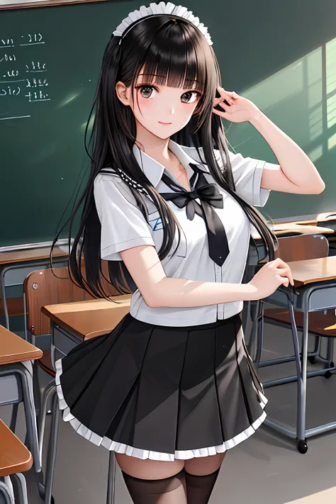 Masterpieces,Best quality,1girll,Long hair,Black hair,Blunt bangs,side locks,school uniform,Collar,Short frilled skirt,Cowboy shot:p,Tsundere,(tareme:1.2),hair adornments,shoes,Classroom, blackboards,