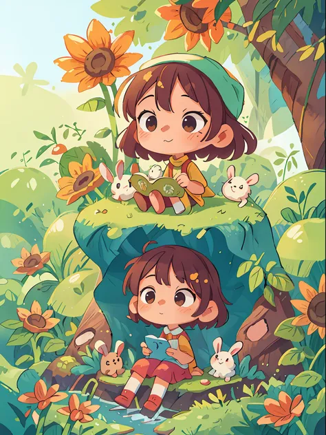 a very charming little hijab girl and her rabbit, sitting in the wood, at jungle, waterfall, sunflower, at the sunny day, the il...