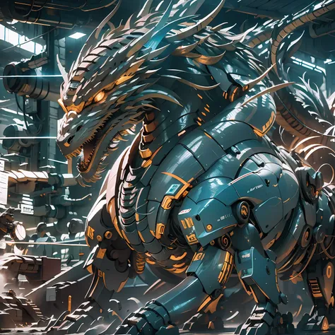 A mecha dragon,Stand in front of the background of future technology,Domineering,((tmasterpiece,best qualtiy)),illustration,Ultra-detailed 8K,Clear focus,A highly detailed,Professional lighting,Colorful detailed,