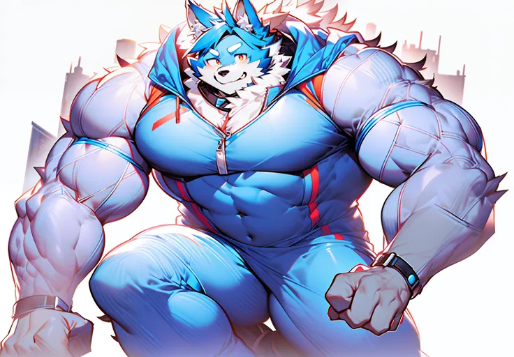 coyote，furry，blue hair，musculature，muscle men，nakeness，strong，ultraclear，has a large ，collar，black  shorts，red pupils，abs，blue c...